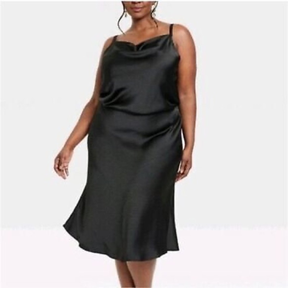 NEW …Ava & Viv Black Satin Midi Dress with Elegant Cowl Neck